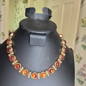 Vintage Gold Tone Amber Acrylic Stone Necklace